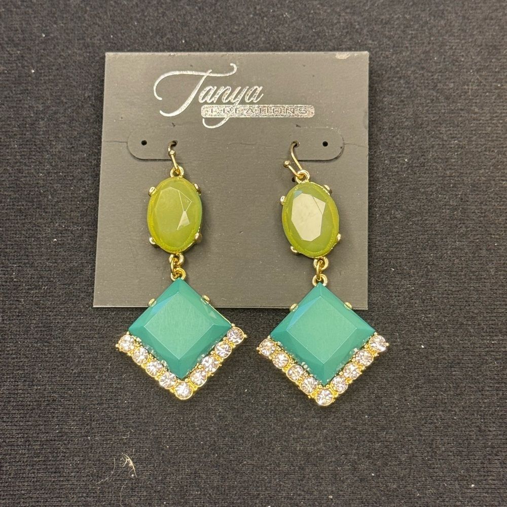 Gold and Green Teardrop Earrings with Glossy Finish 2.25 inch